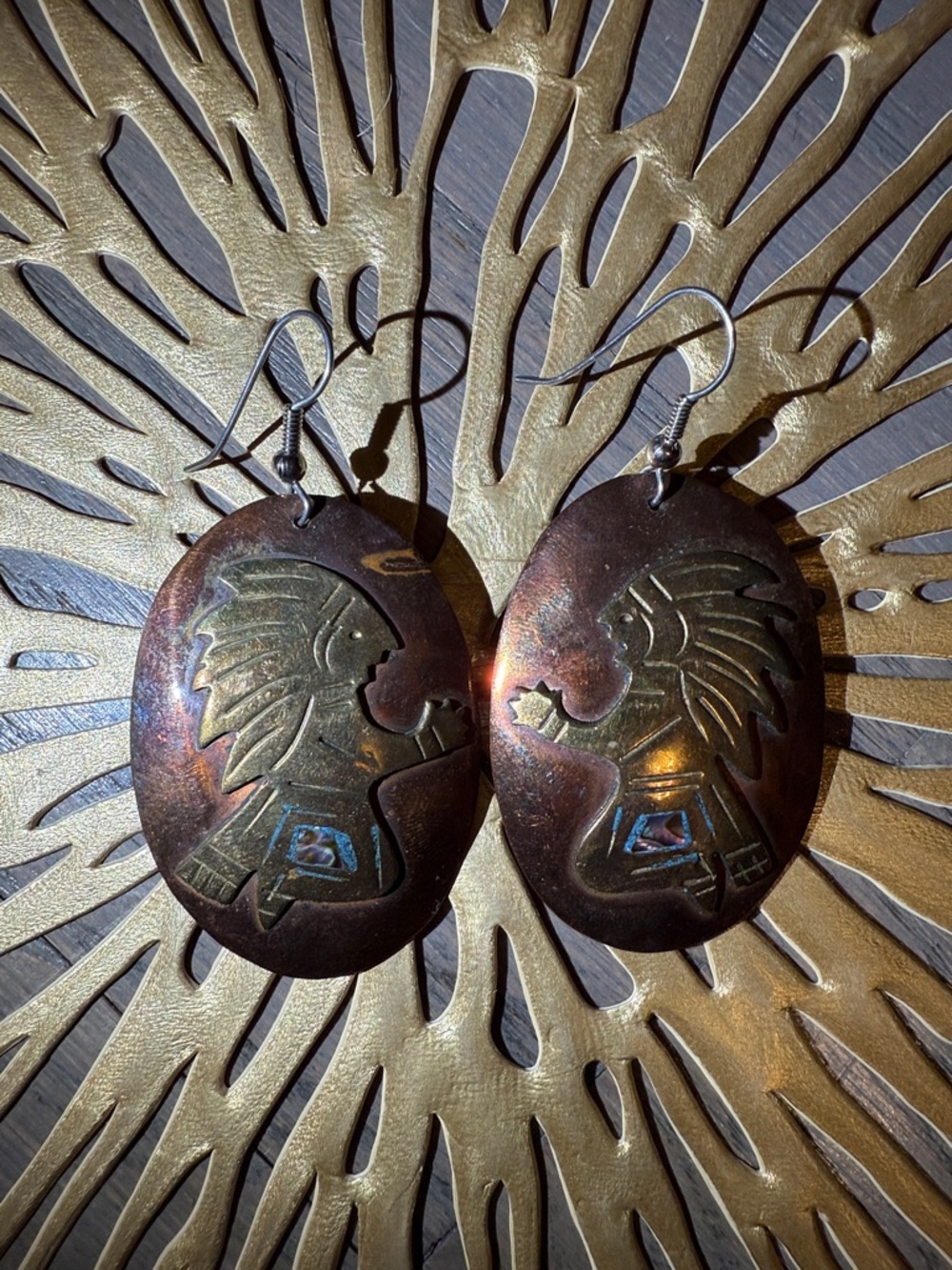 Handcrafted Mexican Copper and Brass Earrings with Abalone Inlay - Picture 9 of 9